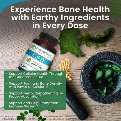 Pure Nutrition Cal D - Plant Based Calcium with Vitamin D3 K2 and Magnesium. Vegan Calcium Supplement with 500mg Elemental Calcium per Serving. Algae Calcium Supplement for Bone Health | 120 Tabs