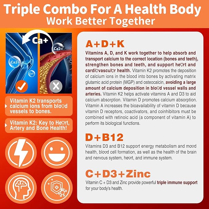 Sugar-Free ADK+Vitamin B12 Gummies - Vitamin D3 K2 10,000IU/ 5000IU, B12 5000mcg 2500mcg, K2 (MK-7) 240mcg, Multivitamin Adults-Vitamin A,Vegan Vitamin D,Methyl B12,C,Zinc-Eye,Bone,Energy,Nerve,Immune