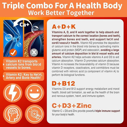 Sugar-Free ADK+Vitamin B12 Gummies - Vitamin D3 K2 10,000IU/ 5000IU, B12 5000mcg 2500mcg, K2 (MK-7) 240mcg, Multivitamin Adults-Vitamin A,Vegan Vitamin D,Methyl B12,C,Zinc-Eye,Bone,Energy,Nerve,Immune