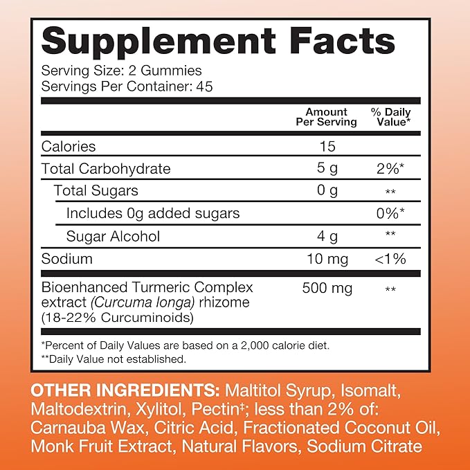 Qunol Zero Sugar Turmeric Gummies, Gummy with 500mg Turmeric Curcumin, Joint Support Supplement, Ultra High Absorption Tumeric Curcumin, Vegetarian, Gluten Free, 90 Count