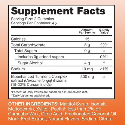 Qunol Zero Sugar Turmeric Gummies, Gummy with 500mg Turmeric Curcumin, Joint Support Supplement, Ultra High Absorption Tumeric Curcumin, Vegetarian, Gluten Free, 90 Count
