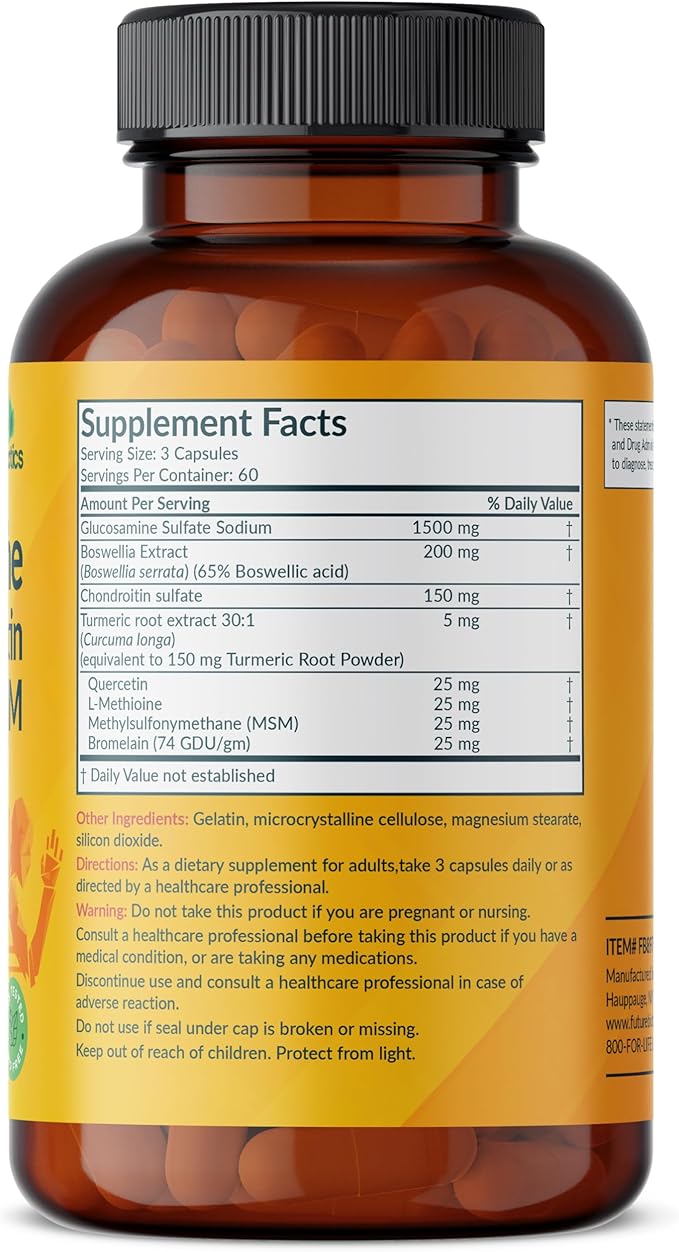Futurebiotics Glucosamine Chondroitin Turmeric & MSM Advanced Joint Formula, Supports Healthy Joints & Mobility - Non-GMO, 180 Capsules