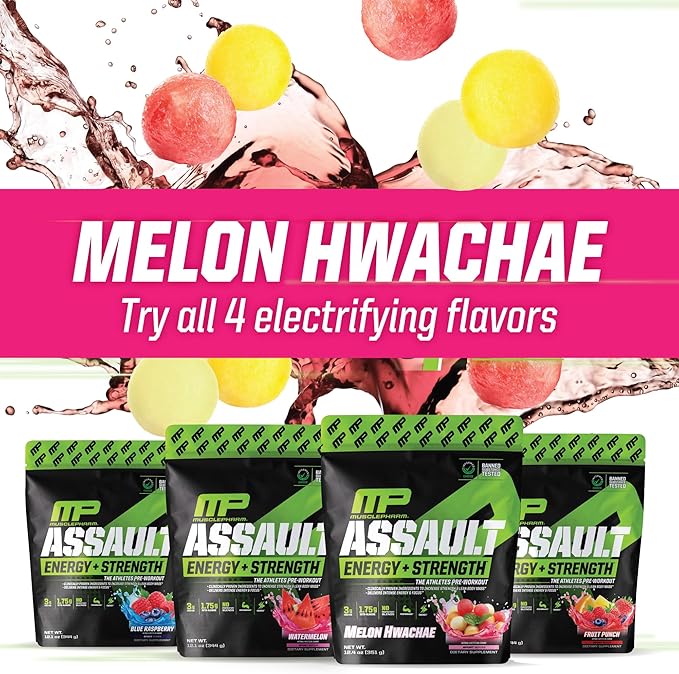 Muscle Pharm Assault Energy & Strength Pre Workout Powder for Men & Women with Beta Alanine, Caffeine, Creatine & Betaine Anhydrous, Pre-Workout Supplements, 30 Servings, Hwachae Melon Flavor