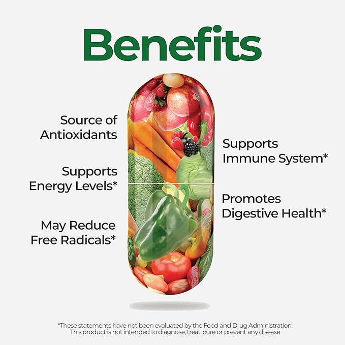 Vita Fruits and Veggies Capsules - 25 Superfood Ingredients, Fruit and Vegetable Multivitamin, 60 Count - For men and women - Vitamins A, C, D, E, B and Zinc