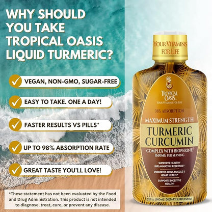 Tropical Oasis Liquid Turmeric Curcumin w/Bioperine - 1650mg Maximum Strength Turmeric Supplement with Black Pepper & Vitamin C - 98% Absorption Rate - 32oz