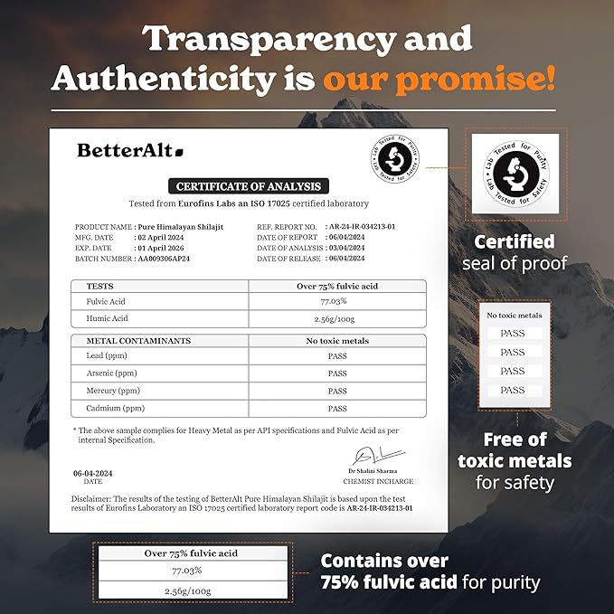 BetterAlt Pure Himalayan Shilajit Resin High Potency for Men & Women| 75 Servings for Energy Boost & Immune Support, 85+ Trace Minerals, 75%+ Fulvic Acid, with Lab Test Report,400mg