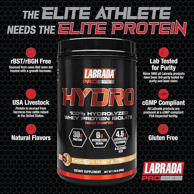 LABRADA HYDRO 100% Pure Hydrolyzed Whey Protein Isolate Powder, Lactose free, 6g BCAA’s, 4.5g Glutamine, Fastest Digesting Whey Available, Instant Mixing, Delicious Taste 20 Servings Choc PeanutButter