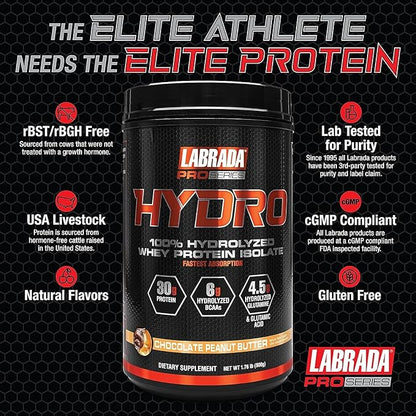 LABRADA HYDRO 100% Pure Hydrolyzed Whey Protein Isolate Powder, Lactose free, 6g BCAA’s, 4.5g Glutamine, Fastest Digesting Whey Available, Instant Mixing, Delicious Taste 20 Servings Choc PeanutButter