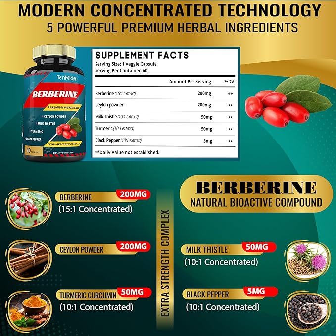 Berberine Supplement Extract Capsules, 2 Months Supply & Ceylon, Milk Thistle, Turmeric, Black Pepper | Immune Function Supports, Weight Management Supplements