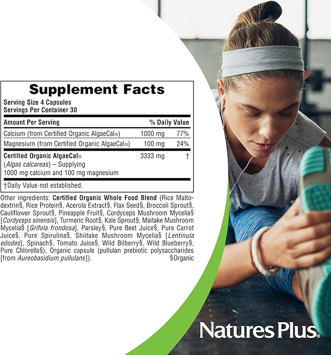 NaturesPlus Source of Life Garden Certified Organic Calcium with AlgaeCal - 1000 mg, 120 Vegan Capsules - Plant-Based Bone Health Support Supplement - Vegetarian, Gluten-Free - 30 Servings