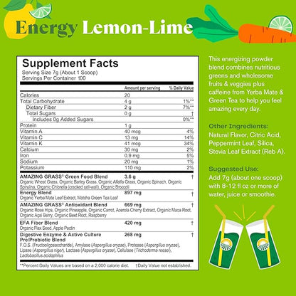 Amazing Grass Green Superfood Energy: Greens Powder with Plant Based Caffeine, Matcha Green Tea and Flax Seed, Nootropics Support, Lemon Lime, 100 Servings