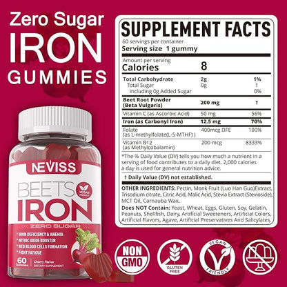 Sugar Free Iron Gummies, w/Beet Root, Vitamin C, B12, Folate for Iron Deficiency, Anemia, Energy Support, Gentle Iron Supplement for Women Men, Non-Constipating, No Rust Aftertaste, Vegan, 2 Pack