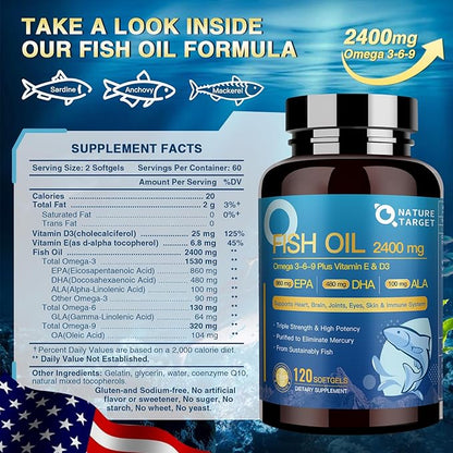 Triple Omega 3 6 9, Fish Oil 2400mg Softgels with Vitamin D3 & E - EPA & DHA & ALA - Supports Heart, Brain, Joint & Immune Health, Sustainably Sourced, Non-GMO