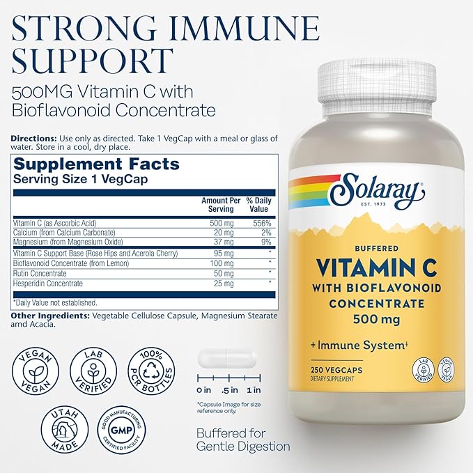 Solaray Buffered Vitamin C 500mg - with Bioflavonoids, Rose HIPS and Acerola Cherry - Immune Support Supplement - Easy to Digest, Vegan, Lab Verified, 60-Day Guarantee - 250 Servings, 250 VegCaps