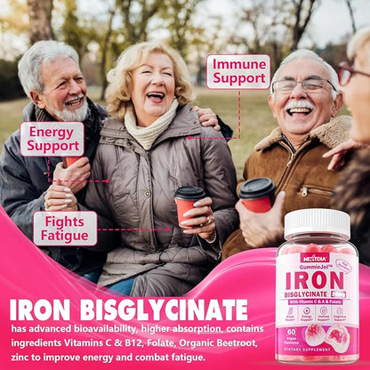 Iron Bisglycinate 26mg Filled Gummies - Gentle Beet Root Iron Gummy plus Vitamin C, Supplement Iron with B12 & Folate for Women & Men, Iron Deficiency, Immune & Energy Support, Sugar-Free, Vegan,60Cts