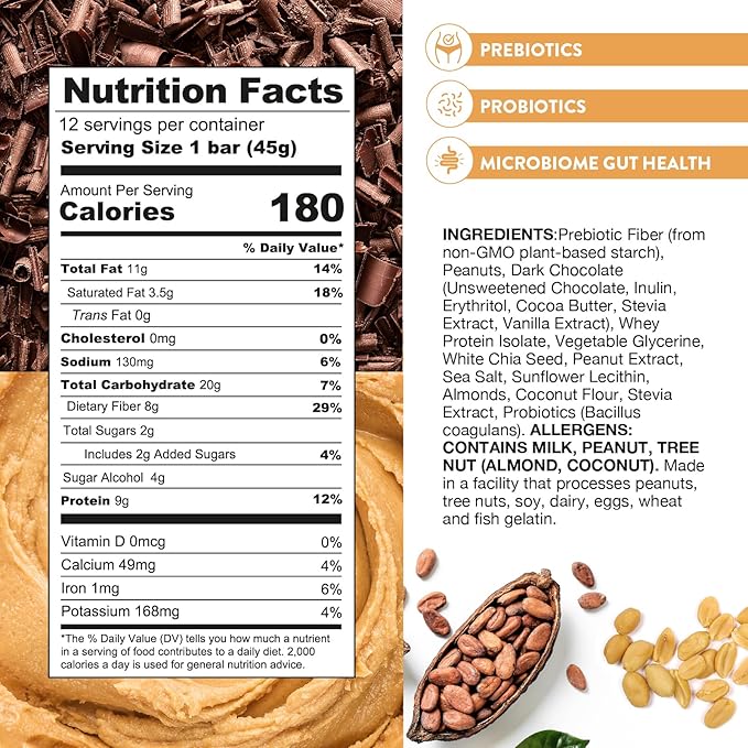 Truth Bar Prebiotic & Probiotic Keto Snack Vegan Bars with Omega-3's - Synbiotic High Fiber Snacks - Low Sugar, Kosher, Gluten Free - Dark Chocolate Peanut Butter Crunch (Pack of 12)