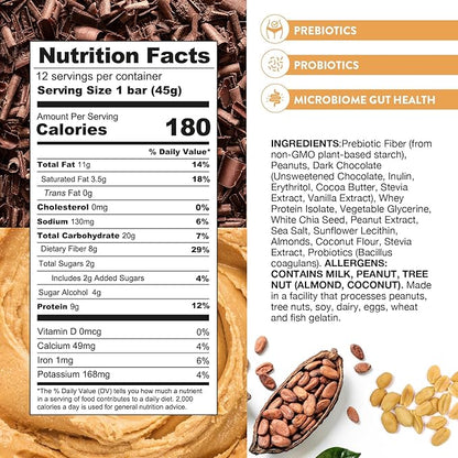 Truth Bar Prebiotic & Probiotic Keto Snack Vegan Bars with Omega-3's - Synbiotic High Fiber Snacks - Low Sugar, Kosher, Gluten Free - Dark Chocolate Peanut Butter Crunch (Pack of 12)