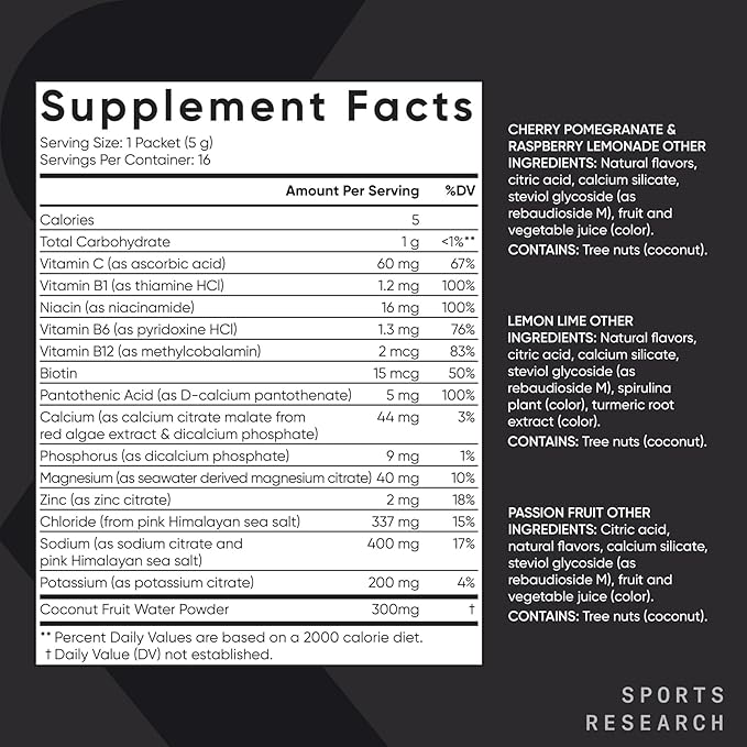 Sports Research Hydrate Electrolytes Powder Packets - Sugar-Free & Naturally Flavored with Vitamins, Minerals, and Coconut Water - Supports Hydration - 16 Packets - Variety Pack