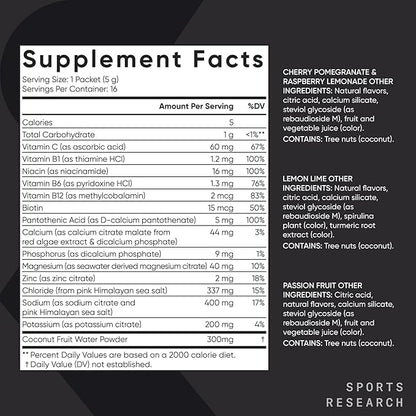 Sports Research Hydrate Electrolytes Powder Packets - Sugar-Free & Naturally Flavored with Vitamins, Minerals, and Coconut Water - Supports Hydration - 16 Packets - Variety Pack