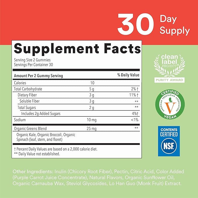 SmartyPants Kids Fiber & Veggies: Prebiotic Fiber Gummies for Kids, Fiber Supplement with Inulin, Organic Green Veggie Blend, Vegan, Gluten Free, Mixed Berry Flavor, 60 Count (30 Day Supply)