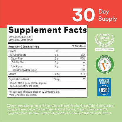 SmartyPants Kids Fiber & Veggies: Prebiotic Fiber Gummies for Kids, Fiber Supplement with Inulin, Organic Green Veggie Blend, Vegan, Gluten Free, Mixed Berry Flavor, 60 Count (30 Day Supply)