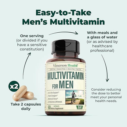 Multivitamin for Men - Daily Mens Multivitamins & Multiminerals with Vitamin A, C, D, E, B12, Zinc & More Essential Vitamins for Men - Mens Vitamins for Energy, Focus, and Mens Health. 60 Capsules