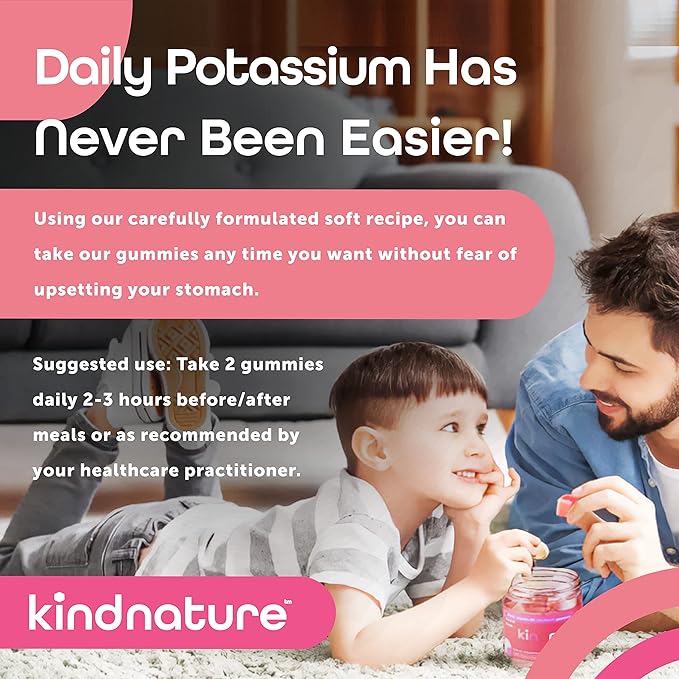 Kind Nature High Potassium Supplement 500mg - Chewable Gummies for Adults & Kids - Pure Potassium Bicarbonate Mineral Supplement - Vegan, Gluten Free, Non GMO - 60 Gummies (30 Day Supply)
