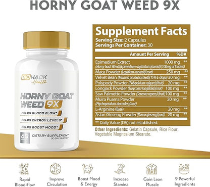 BioHack Health | HornyGoatWeed 9 in 1 Formula | 9 Active Ingredients for Blood Flow, Energy & Stamina | L-Arginine, Saw Palmetto + 7 More Ingredients | 3rd Party Tested Formula - 60 Capsules