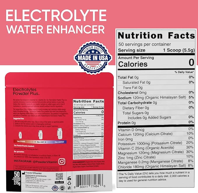 Electrolytes Powder Plus (50 Servings) Raspberry Electrolyte Powder Zero Calorie Keto, 0 Sugar, No Maltodextrin,1000mg Potassium,120mg Calcium,120mg Magnesium, Hydration Powder