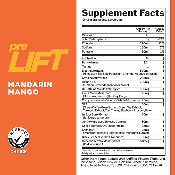 Rule 1 preLIFT Pre-Workout - 6g Citrulline, 3.2g Beta Alanine, 3 Caffeine Sources + 20 Others for Energy, Alertness, & Endurance (30 Servings, Mandarin Mango)