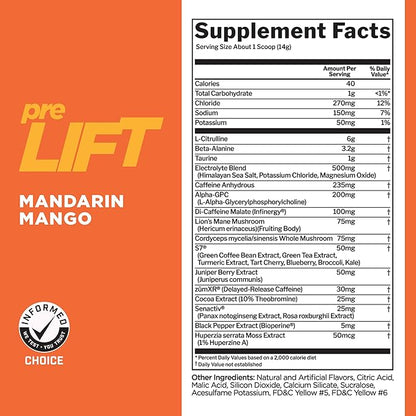 Rule 1 preLIFT Pre-Workout - 6g Citrulline, 3.2g Beta Alanine, 3 Caffeine Sources + 20 Others for Energy, Alertness, & Endurance (30 Servings, Mandarin Mango)