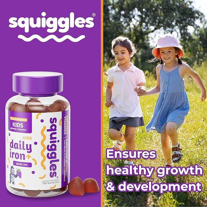 Squiggles Kids Daily Iron+ Gummies, Gummy Vitamin with Iron and Low Sugar, Boost of Vitamins, Minerals and Iron, Vegan Supplement, Chewy Yummy Gummies, Grape Flavor, 100 Gummies