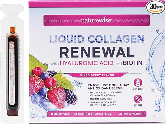 NatureWise Liquid Collagen for Women & Men 4000mg, Type 1 & 3 Peptides with Biotin for Hair, Skin and Nails + Vitamin C + Vitamin B Complex - Low Sugar - Mixed Berry - 30 Tubes