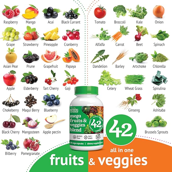 Botanic Choice Mega Fruits and Veggies Blend Total of 42 Fruit and Vegetables Like Elderberry, Chlorella, Kale Energy Balance & Superfood Vegetable Supplements for Adults - 2 Pack