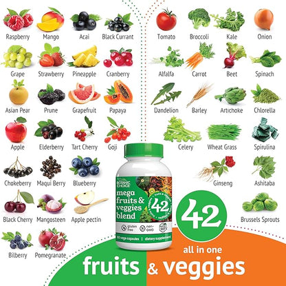 Botanic Choice Mega Fruits and Veggies Blend Total of 42 Fruit and Vegetables Like Elderberry, Chlorella, Kale Energy Balance & Superfood Vegetable Supplements for Adults - 2 Pack