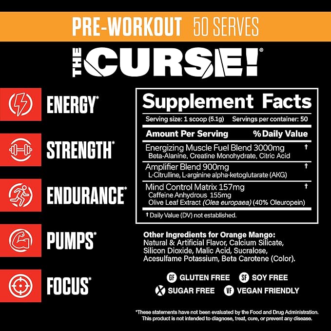 JNX SPORTS The Curse! Pre Workout Powder - Orange Mango 50 Servings | Preworkout: Boost Strength, Energy + Focus for Men & Women | Caffeine, Beta-Alanine, Creatine & L-Citrulline