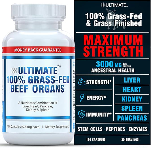 Ultimate 100% Grass Fed Beef Organs Supplement Supports Energy & Whole Body Wellness* with a Complex of Desiccated Beef Liver, Heart, Kidney, Pancreas & Spleen. Pesticide Free & Non-GMO, 180 Capsules
