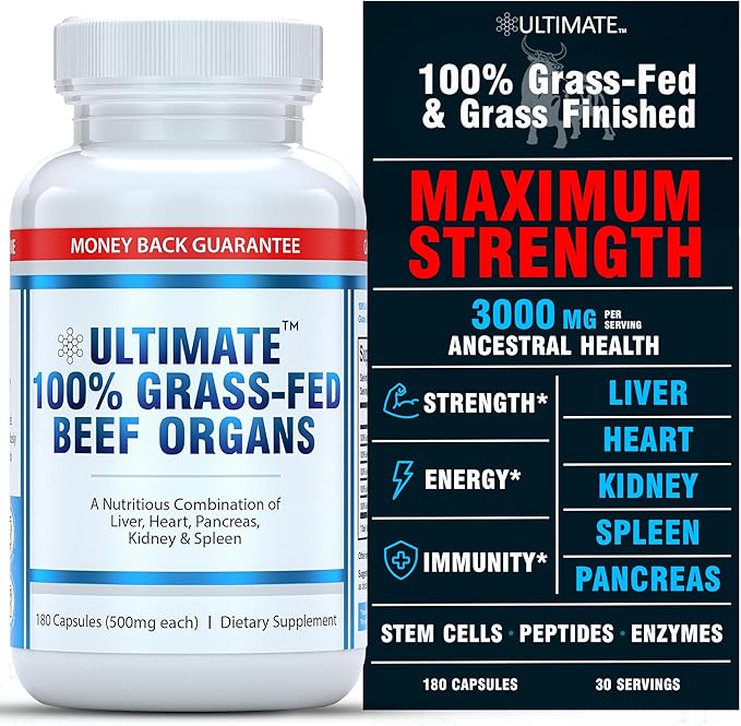 Ultimate 100% Grass Fed Beef Organs Supplement Supports Energy & Whole Body Wellness* with a Complex of Desiccated Beef Liver, Heart, Kidney, Pancreas & Spleen. Pesticide Free & Non-GMO, 180 Capsules
