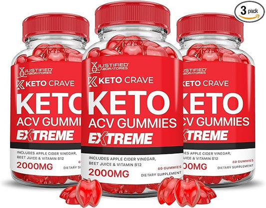 (3 Pack) Keto Crave Keto ACV Gummies Extreme 2000MG Keto Crave Keto Gummies Advanced Formula Apple Cider Vinegar with Pomegranate Beet Juice Powder B12 Vegan Non GMO 180 Gummys