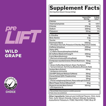 Rule 1 preLIFT Pre-Workout, 6g Citrulline, 3.2g Beta Alanine, 3 Caffeine Sources + 20 Others for Energy, Alertness, & Endurance (30 Servings, Wild Grape)