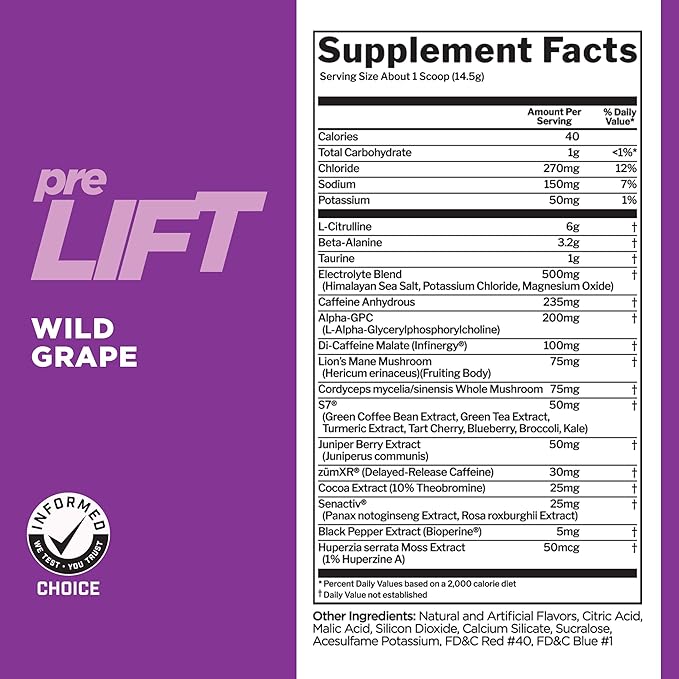 Rule 1 preLIFT Pre-Workout, 6g Citrulline, 3.2g Beta Alanine, 3 Caffeine Sources + 20 Others for Energy, Alertness, & Endurance (30 Servings, Wild Grape)