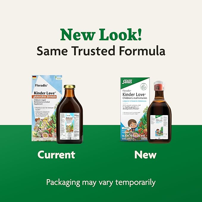 Floradix Kinder Love Children's Multivitamin - Liquid Multivitamin for Kids with Vitamins A, C, D & E, Calcium & More - Vegetarian, Non-GMO, Gluten-Free - 17 fl oz