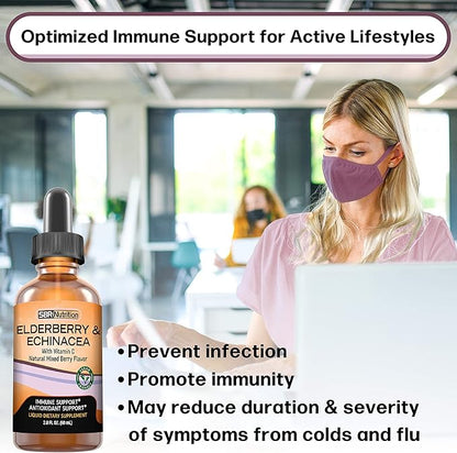 SBR Nutrition Immune Support Liquid Dietary Supplement for Adults, Elderberry and Echinacea with Vitamin C, Organic, Vegan Sambucus Extract Immune System Booster, 2 oz (60 mL)