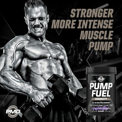 PMD Sports Ultra Pump Fuel Insanity - Pre Workout Drink for Energy, Strength, Endurance, Recovery - Complex Carbohydrates and Amino Energy - Wild Grape Gusher (30 Servings)