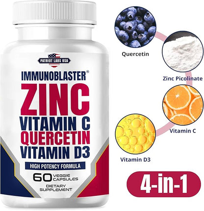 ImmunoBlaster Zinc Quercetin 500mg with Vitamin D and C Antioxidant Immune Support High Potency Quercetin Zinc Supplement for Men and Women - Gluten, Soy, & Dairy Free - 60 Count (Pack of 1)