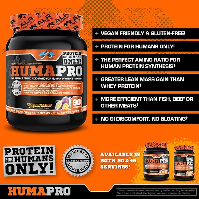 Humapro | Amino Acids Protein Matrix for Humans | 99% Utilization for Lean Muscle | Vegan, Gluten Free | 667g / 90 Servings (Passion Fruit)