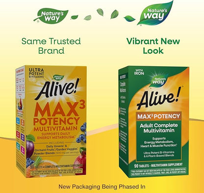 Nature's Way Alive! Max3 Potency Multivitamin, Ultra Potency B-vitamins to Support Energy Metabolism*, with Methylated B12 and Folate, 90 Tablets (Packaging May Vary)