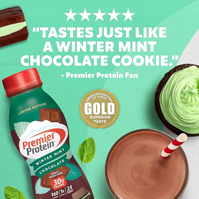 Premier Protein Shake, Limited Edition Winter Mint Chocolate, 30g Protein, 1g Supar, 24 Vitamins & Minerals, Nutrients to Support Immune Health, 11.5 oz, 12 Pack