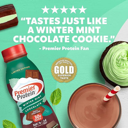 Premier Protein Shake, Limited Edition Winter Mint Chocolate, 30g Protein, 1g Supar, 24 Vitamins & Minerals, Nutrients to Support Immune Health, 11.5 oz, 12 Pack