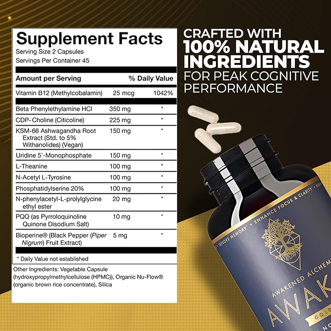 Awaken Gold Premium Nootropic Supplement | Advanced Brain Nutrition | Improve Memory & Learning | Enhance Focus & Clarity | Intensify Drive | 11 Premium Ingredients | 45 Servings